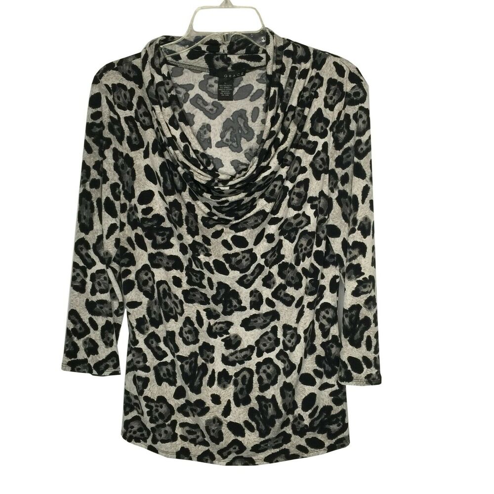 Grace Cowl Neck Blouse Top 3/4 Sleeve Animal Print MultiColor Large Cheetah work